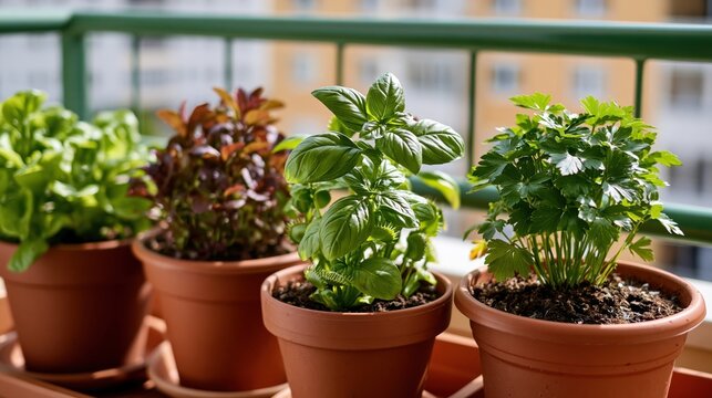 Assorted fresh herbs growing in terracotta pots on a sunny apartment balcony garden