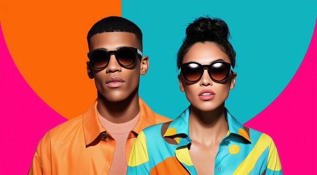 Un jeune couple mixte, homme, femme, portant des lunettes de soleil et des v&ecirc;tements contemporains sur un fond de couleur bleu, rose et orange.