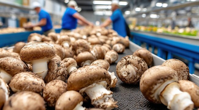 Une usine agro-alimentaire, des employ&eacute;s flous en arri&egrave;re-plan et des champignons sur une cha&icirc;ne de production industrielle au premier plan.