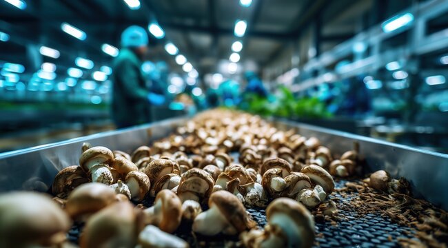 Usine agro-alimentaire, des ouvriers flous en arri&egrave;re-plan et des champignons sur une cha&icirc;ne de production industrielle au premier plan.