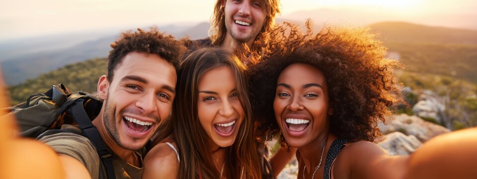 Des amis prenant un selfie au sommet d'une montagne, souriant et s'amusant lors d'une randonn&eacute;e au coucher du soleil, vue panoramique.