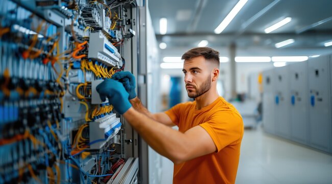 Un &eacute;lectricien portant un t-shirt orange et des gants de protection bleu, travaillant sur un tableau &eacute;lectrique dans le local d'une entreprise, plan large.