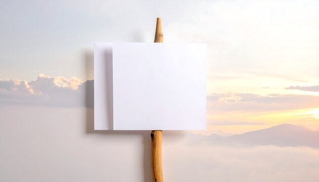 Two blank white square cards are attached to a wooden stick, set against a blurry natural backdrop of clouds and sky