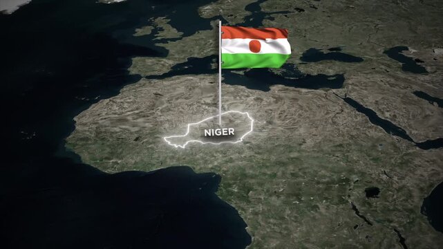 Niger Map Animation with 3D Waving of Niger National Flag and Glowing Border Animation on World Map