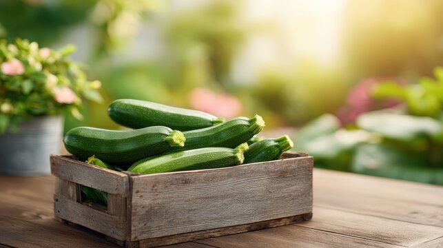 Fresh green zucchinis arranged in a rustic wooden crate on a table, with a blurred garden background featuring vibrant flowers and soft sunlight