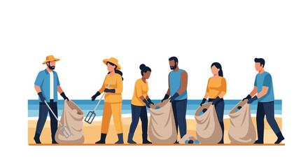 Obraz premium Diverse Group of Volunteers Cleaning Up Plastic Trash on Beach, Environmental Conservation and Ecology Concept Flat Vector Illustration Isolated on White