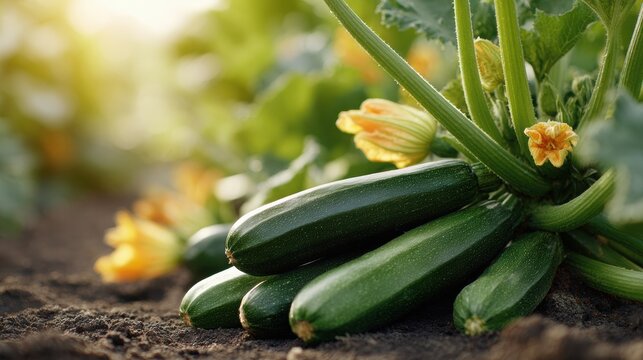 Fresh green zucchinis growing on a plant with yellow flowers in a garden, surrounded by rich soil and lush green leaves under natural sunlight