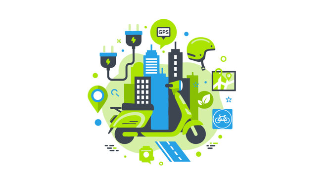 Green Electric Scooter and Smart City Mobility Icons for Sustainable Urban Transportation Vector Illustration