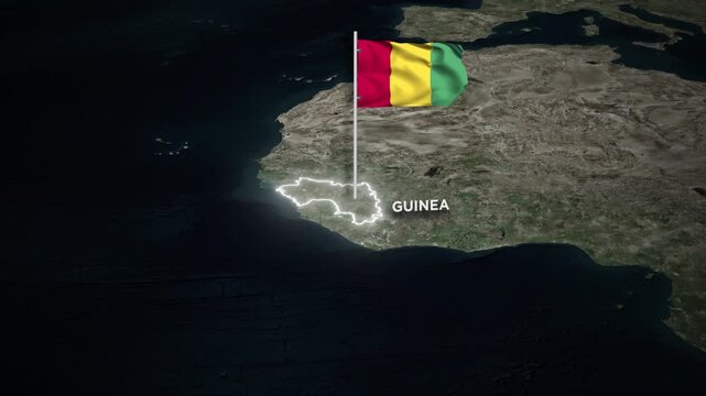 Guinea Map Animation with 3D Waving of Guinea National Flag and and Glowing Border Animation on World Map