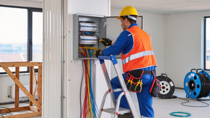 Electrician on ladder installing fusebox. ​Professional wiring panel at construction. ​Specialist wearing toolbelt and safety. ​Maintenance of new electrical system. ​Technician working © Jakub