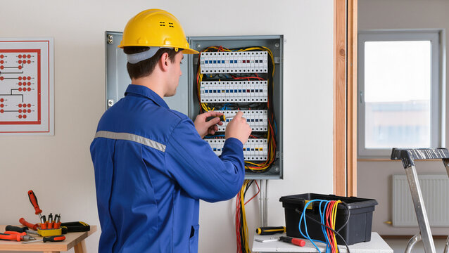 electrician at work,
Electrician wiring indoor circuit breaker box.
Worker wears yellow protective safety helmet.
Blue work uniform and technical tools.
Professional maintenance 