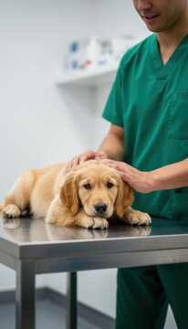 Person in green scrubs petting a puppy on a metal table in a clinic for veterinary services, pet healthcare marketing and animal wellness website headers