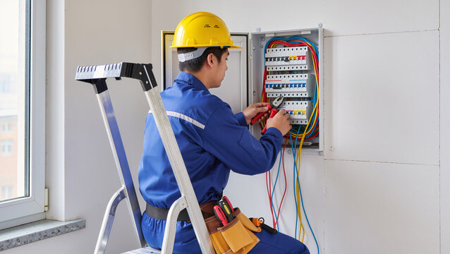 Electrician using pliers on fusebox.
​Professional technician on step ladder.
​Specialist wearing toolbelt and safety.
​Maintenance of residential power panel.
​Technician working near bright window.
