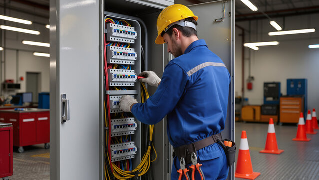 electrician at work,
Technician wiring residential circuit panel.
Professional working with colored cables.
Electrician performing maintenance in gloves.
Close up of home fusebox.