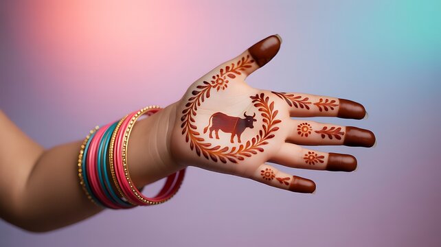 Woman's hand adorned with colorful bangles and a detailed henna mehndi design of a bull.