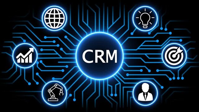 CRM concept with circuit lines and digital symbols hovering above a businessman, technology. manufacturing process management all connected in a digital circle like pattern.