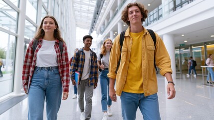 Obraz premium Diverse group of students walking through a modern university hallway