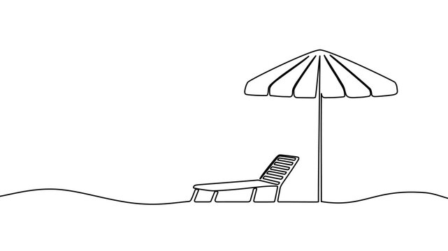 Continuous one line beach umbrella drawing art sun summer sand sea icon island illustration nature background man sunbed holiday minimalist monoline outline sunshade chair coffee doodle design