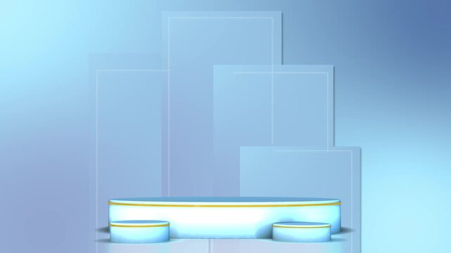Clean blue product podium background glowing round platforms, panels, soft gradient lighting, studio space. product reveals, award displays, cosmetic promos, commercial videos, launch presentations.