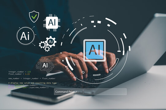 Person typing on a laptop surrounded by AI and technology icons, symbolizing artificial intelligence and programming concepts.