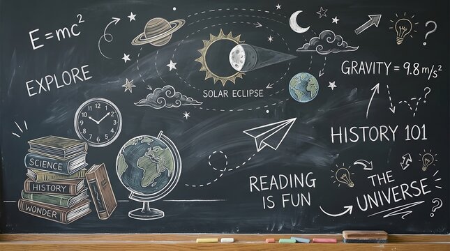 Chalkboard with drawings of planets math formulas educational concepts paper airplane chalkboard education learning universe formulas astronomy classroom teaching knowledge exploration