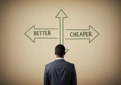 Person in suit facing arrow signs better and cheaper on a wall for business strategy, financial decision making and product marketing concepts with copy space