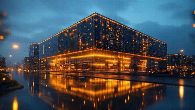 Illuminated Architectural Marvel: A captivating cityscape at dusk, featuring a modern building aglow with an intricate network of lights, casting a mesmerizing reflection on a calm body of water.