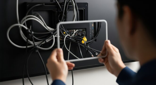 Technician uses a digital framing device to inspect the cable connections on the back of a large screen display.