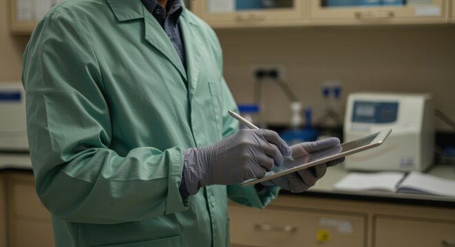 Person in green lab coat using a digital tablet for data entry in a clinical laboratory for medical research, healthcare technology and life sciences development