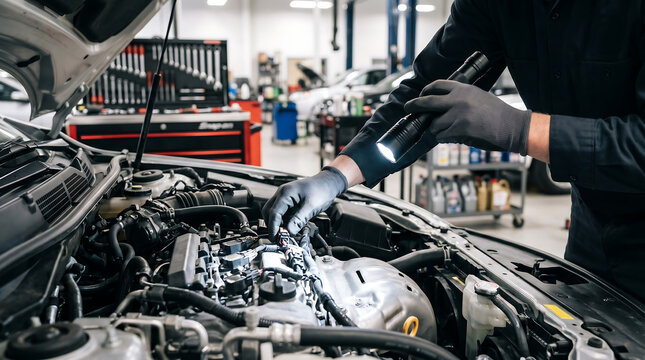 Faceless auto mechanic inspecting car engine with flashlight in professional repair shop for vehicle diagnostics and maintenance service
