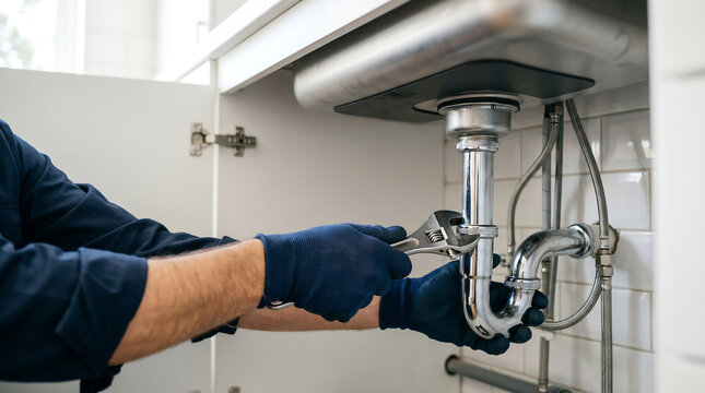 Faceless plumber tightening chrome drain pipe under kitchen sink with adjustable wrench for residential plumbing maintenance and repair service