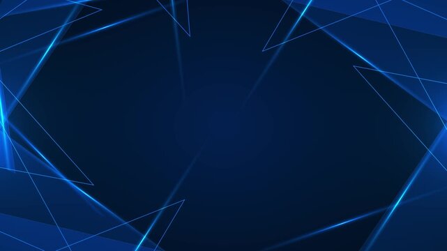 Blue polygon light glowing triangular outlines, dark geometric space, beams, abstract digital depth. tech intros, corporate videos, motion graphics, futuristic titles, science promos, digital overlays