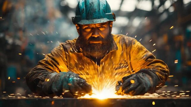 Master of Metals: A focused welder, bathed in the radiant glow of his craft, meticulously works on a project, sparks flying around his steady hands. 
