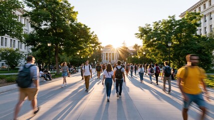 Obraz premium Students walk along a sunlit campus pathway with long shadows and trees