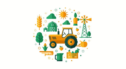 Fototapeta premium Modern Sustainable Agriculture and Farming Concept Illustration with Yellow Tractor, Barn, Windmill and Organic Produce Icons