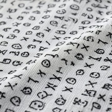 Abstract ancient mystery symbols and cryptic characters printed on white fabric texture.