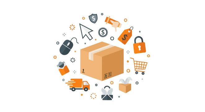 E-commerce and Logistics Concept Illustration with Shipping Box and Online Shopping Icons
