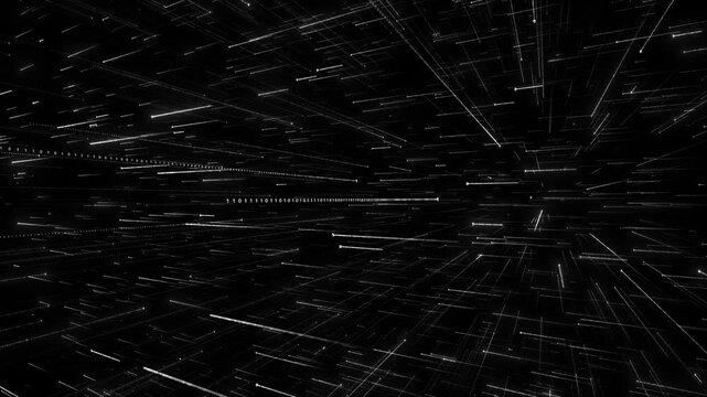 Black white digital data tunnel fast moving code lines, binary numbers, deep perspective, monochrome technology motion. cyber data transfer, software intros, network visuals, hacker scenes, futuristic