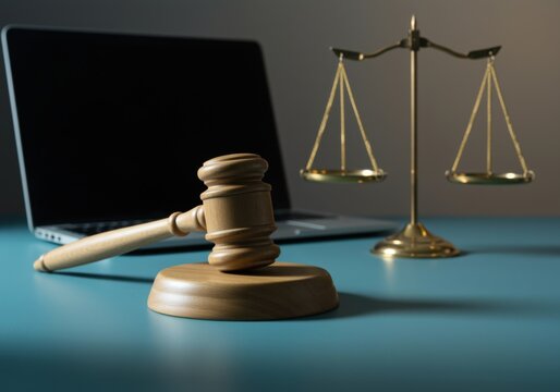Wooden gavel and scales of justice on a desk with a laptop for legal firm website, law practice advertising and online justice services mockup with copy space