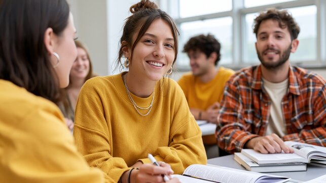 Young students actively engaged in a classroom discussion around a table
