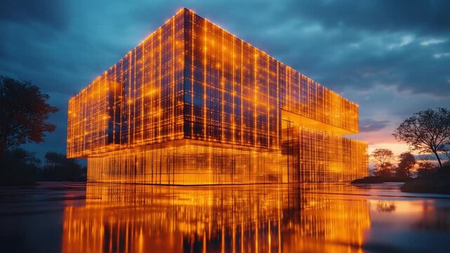 Golden Reflections: An eye-level shot captures a futuristic architectural marvel made entirely of shimmering gold, perfectly reflecting on the water at dusk.