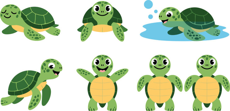 Cute Sea Turtle Character Vector Set Featuring Green Cartoon Tortoises in Various Poses for Marine Life Education Children's Illustration and Ocean Conservation Graphic Design