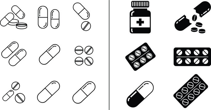 Medicine pills and capsules icons set with blister packs bottle healthcare pharmacy vector illustration outline and solid