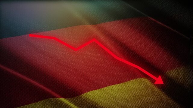 Germany Flag with Red Financial Graph Chart &ndash; Economic Decline, Market Crisis and Recession Concept
