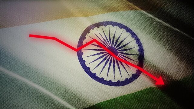India Flag with Red Financial Graph Chart &ndash; Economic Decline, Market Crisis and Inflation Concept
