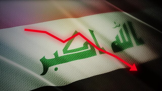 Iraq Flag with Red Financial Graph Chart &ndash; Economic Crisis, Oil Market Decline and Inflation Concept
