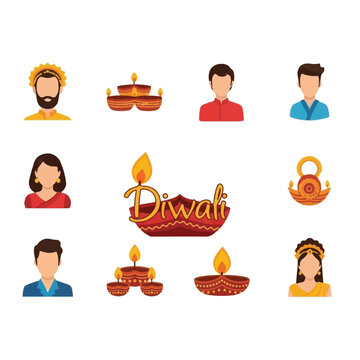 Diwali festival people and diyas.