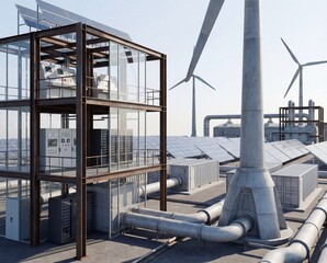 Fototapeta premium Modern Renewable Energy Infrastructure Featuring Wind Turbines and Solar Panels at an Industrial Power Generation Facility
