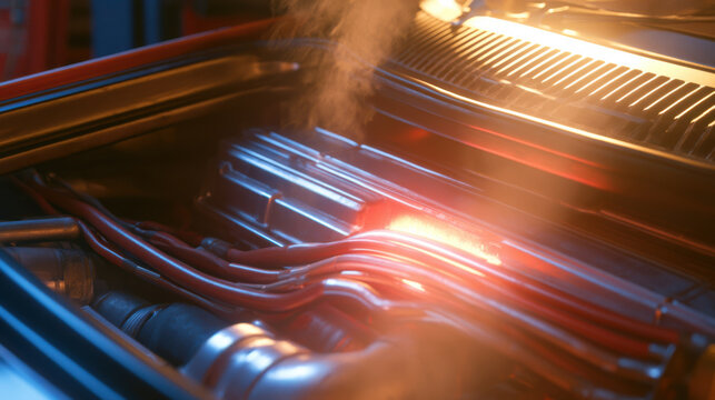 Overheated car engine with steam rising from engine bay, showing critical heat and mechanical parts glowing red
