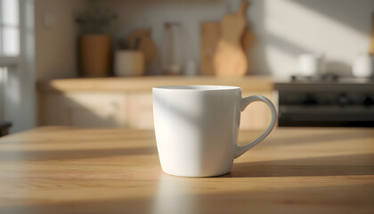 Fototapeta premium White coffee cup sitting on table in kitchen, minimalist home interior or cafe design for morning breakfast and caffeine break